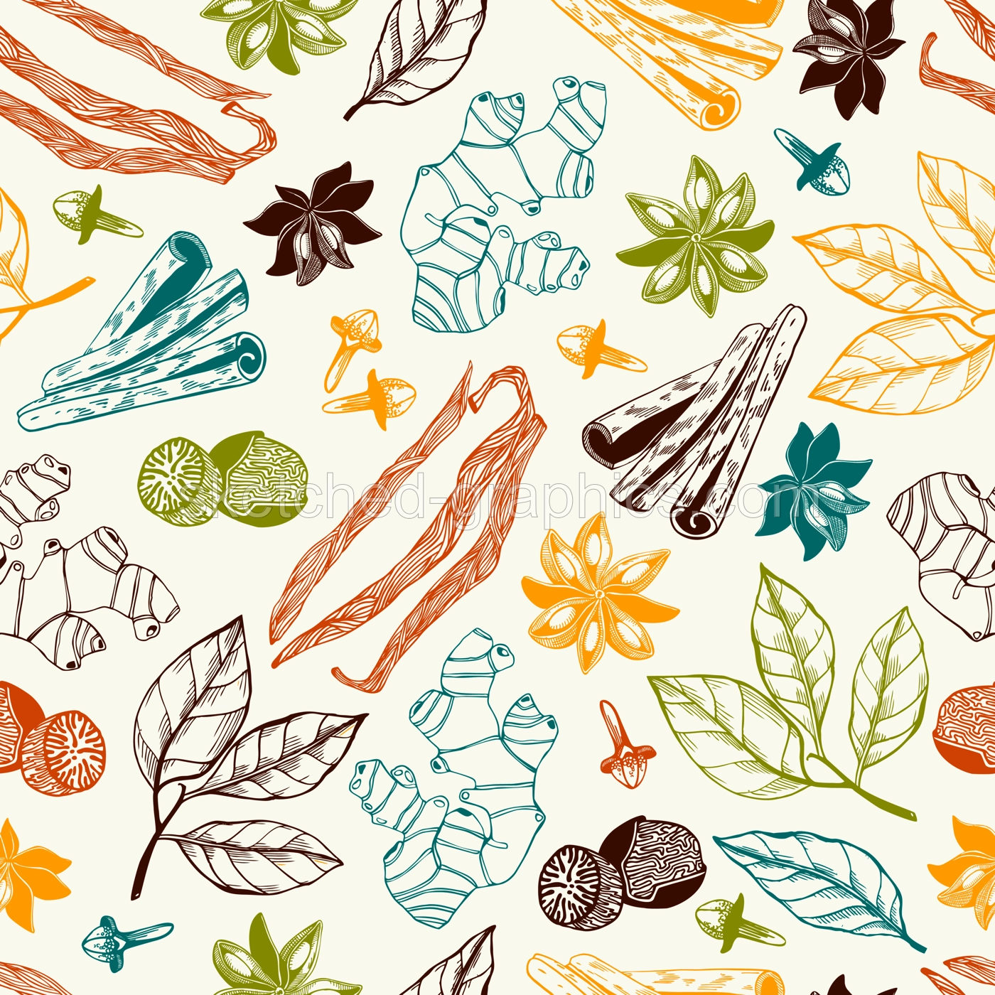 Hand-drawn herbs and spices background. Vinatge food seamless pattern. Kitchen spices sketches for packaging, fabric, menu, labels. NOT AI generated Illustration